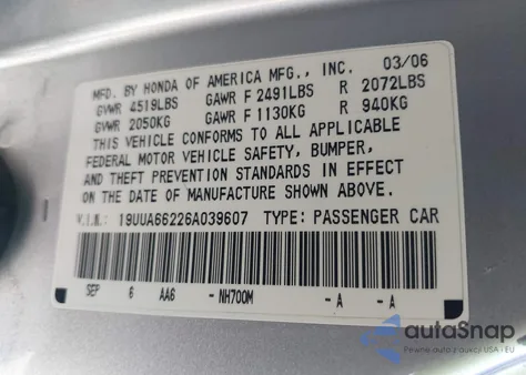 2006 Acura Tl z USA, uszkodzony, nr VIN 19UUA66226A039607